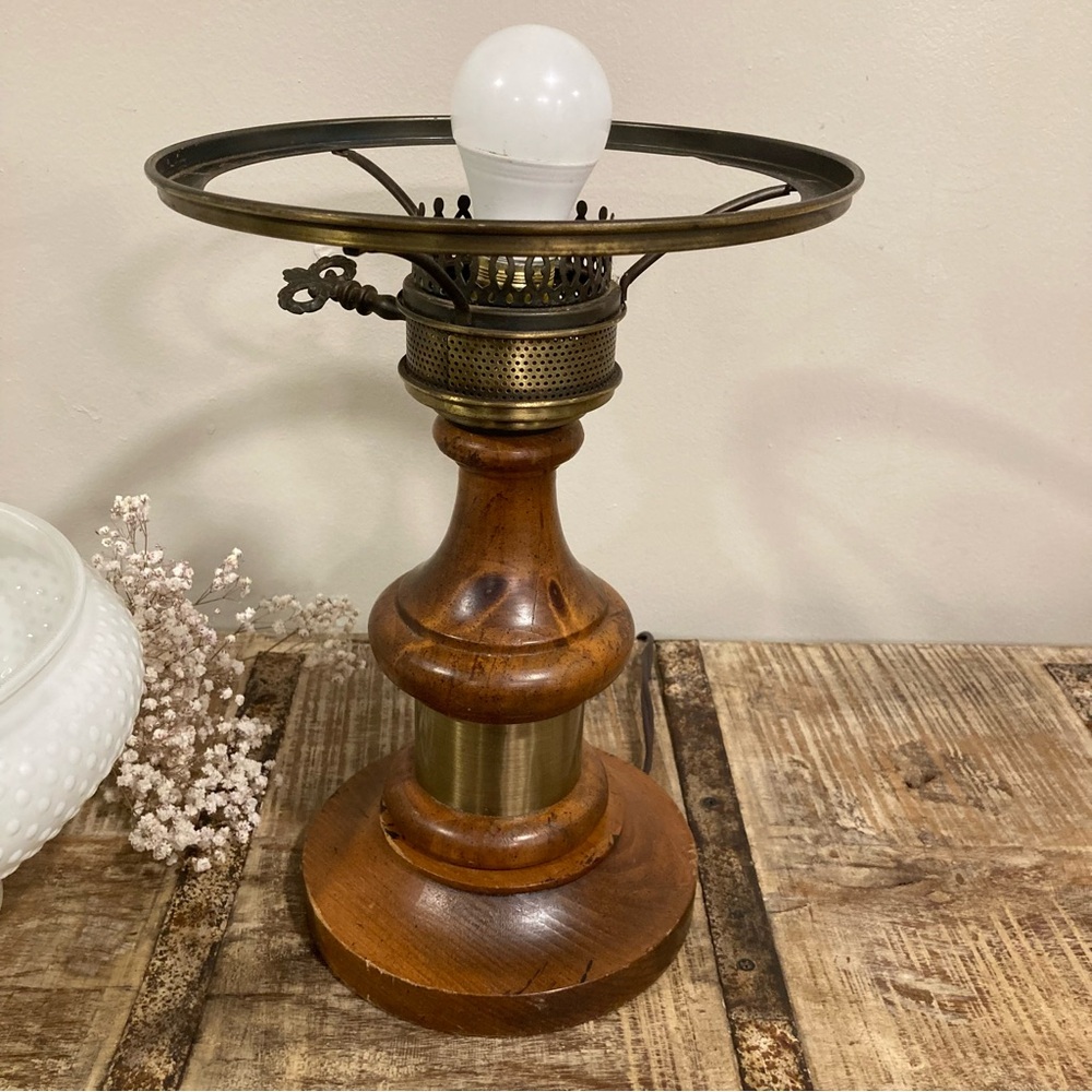 Vintage Brass Tone & Wood Table Lamp with White Hobnail Glass Shade - Picture 10 of 16